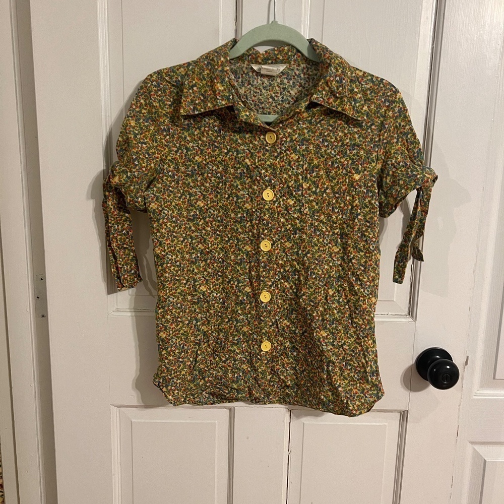 Vintage 70s Sears JR Bazaar Top Juniors 7 Yellow Green Retro Mod Blouse - Picture 2 of 10